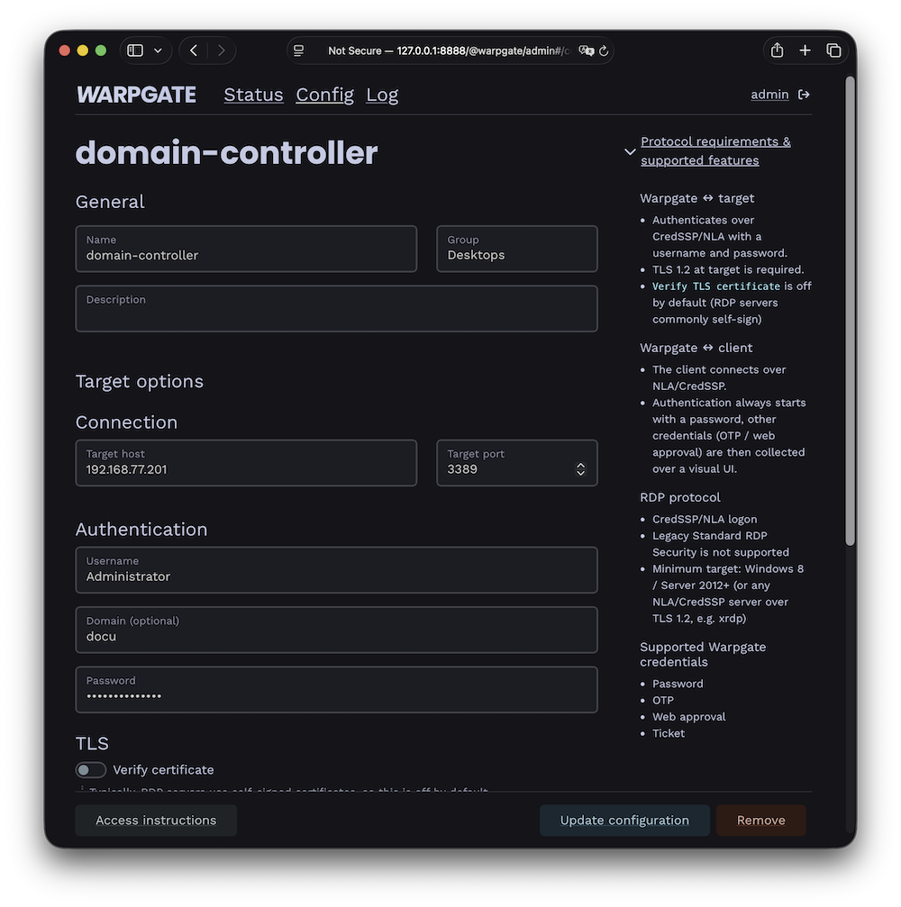 Screenshot: RDP target configuration