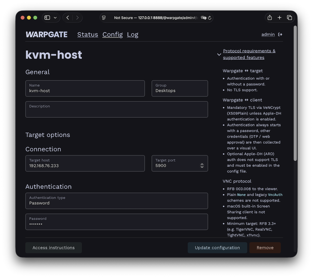 Screenshot: VNC target configuration
